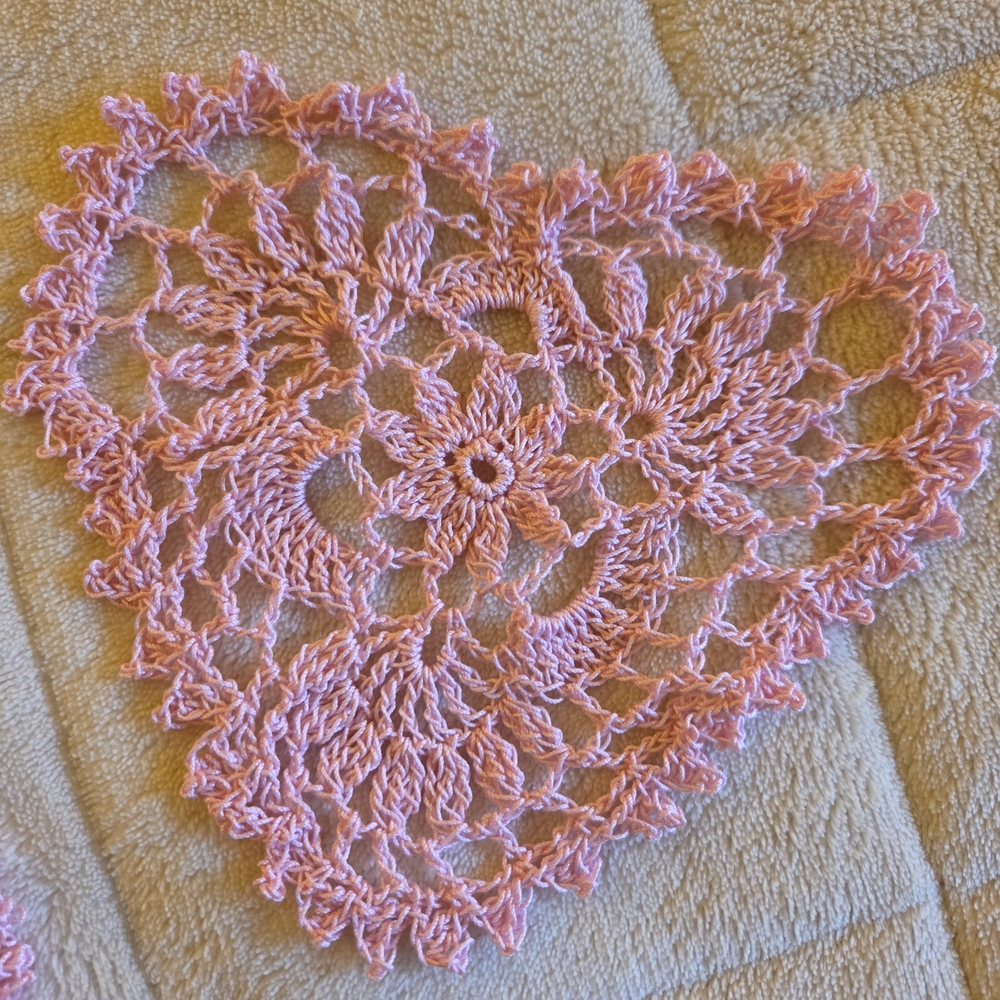 Set Of 3 Hand Made With Love - Pink Heart Crochet Doilies Home Accents Coasters